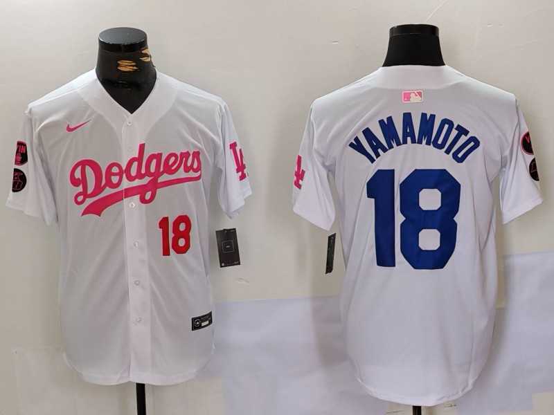 Mens Los Angeles Dodgers #18 Yoshinobu Yamamoto White Pink Vin & Kobe Patch Stitched Baseball Jerseys